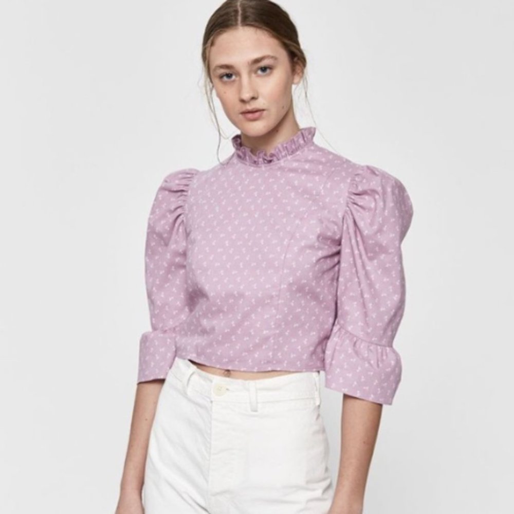 Batsheva Cropped Flower Print Lilac Blouse